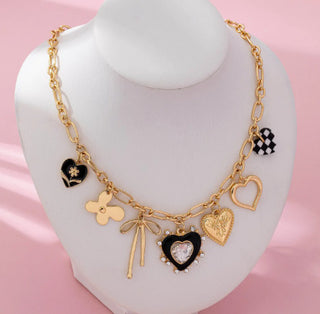 Josslyn Charm Necklace Bow Checker Heart Rhinestone Gold