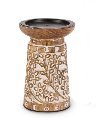 Carved Mango Wood Candle Holder Small