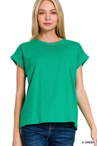 Zenana Cotton Folded Sleeve T-Shirt Kelly Green