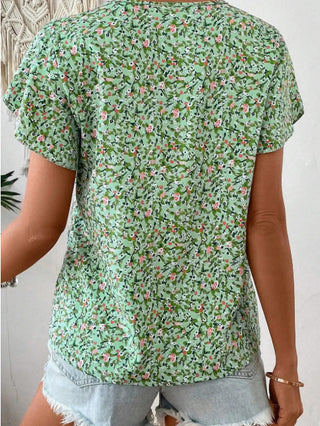 Lovesoft Green Boho Floral V-Neck Short Sleeve Top Green