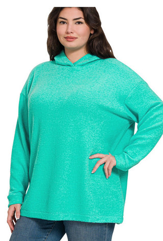 Zenana Hooded Brushed Melange Hacci Sweater Turquoise