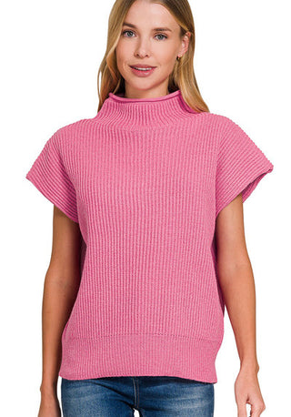 Zenana Power Shoulder Mock Neck Sweater Candy Pink