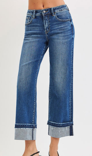 Risen Mid Rise Ankle Straight Jeans Cuffed Hem 21442