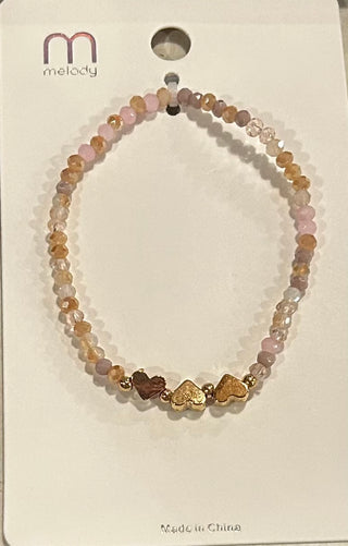 Love and Repeat Triple Gold Heart Charm Beaded Bracelet Tan