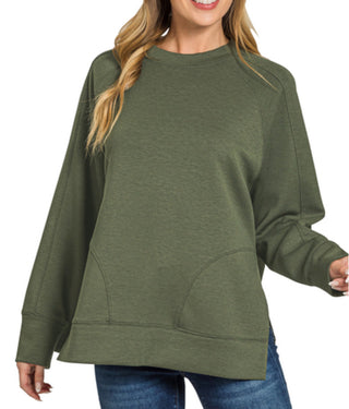 Zenana Scuba Round Neck Pullover Side Slits Dark Olive