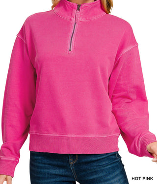 Zenana Pigment Dyed Enzyme Washed Half Zip Pullover Neon Pink