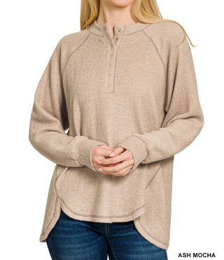Zenana Brushed Hacci Oversized 7-Button Henley Sweater Ash Mocha