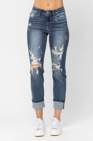 Judy Blue Mid Rise Cuffed Destroy Boyfriend Fit 82427