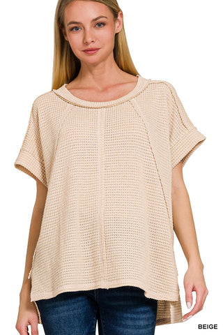 Zenana Brushed Waffle Exposed Seam Short Sleeve Top Beige
