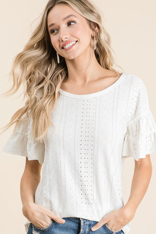 Stretchable eyelet lace top with tiered sleeves