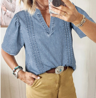 Lovesoft Pintuck Pleats Puff Sleeve V Neck Denim Top