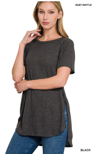 Zenana Melage Baby Waffle Short Sleeve Top Black