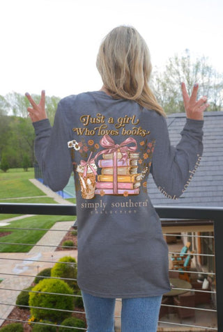 Simply Southern Books Long Sleeve Tee Charcoal