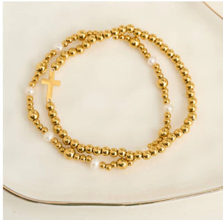 Howard's Narelle Waterproof Pearl Station and Cross Stretch Bracelet Set Gold