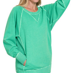 Zenana Pigment Dyed French Terry Pullover with Pockets Kelly Green