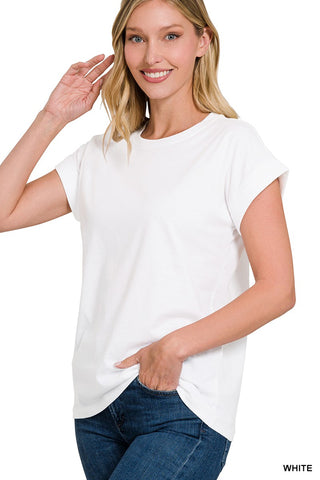 Zenana Cotton Folded Sleeve T-Shirt White