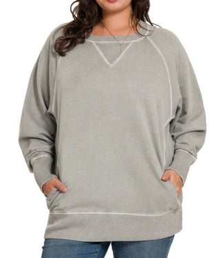 Zenana Pigment Dyed French Terry Pullover with Pockets Sleet