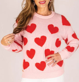 Simply Southern Fuzzy Heart Sweater Valentine Pink