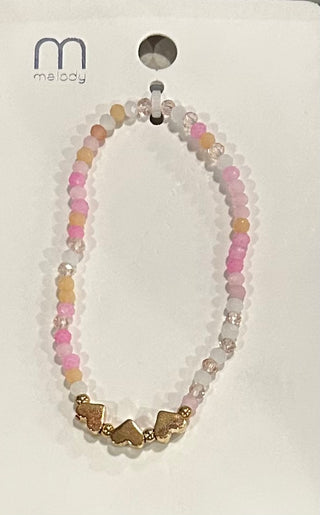 Love and Repeat Triple Gold Heart Charm Beaded Bracelet Pink