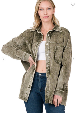 Zenana Oversized Vintage Corduroy Shacket Dk Olive