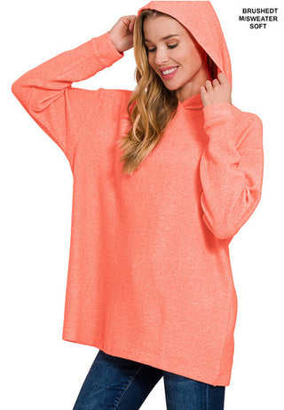 Zenana Hooded Brushed Melange Hacci Sweater Coral