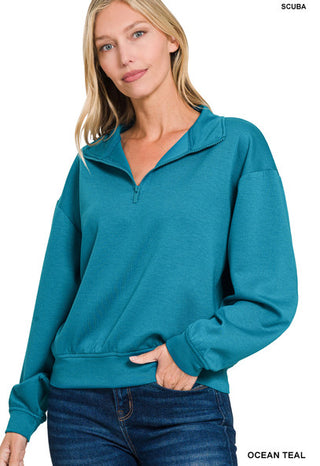 Zenana Scuba Half Zip Pullover Sweatshirt Ocean Teal