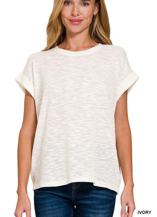 Zenana Hacci Rolled Up Sleeve Tee Ivory