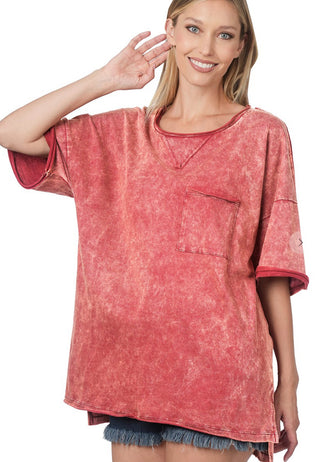 Zenana Acid Wash Front Pocket Raw Edge Short Sleeve Burgundy