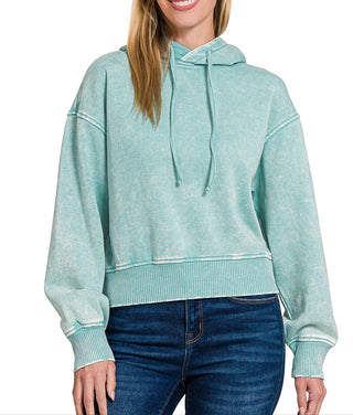Zenana Acid Wash Fleece Cropped Hoodie Dusty Teal