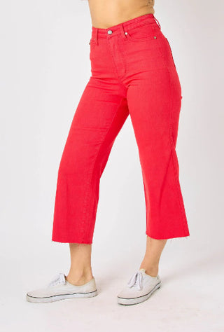 Judy Blue HW Garment Dyed Tummy Control Crop Wide Red 88838