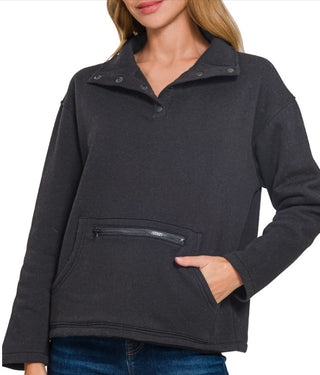Zenana Fleece Half Snap Button Front Sweatshirt Black