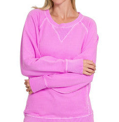 Zenana Pigment Dyed French Terry Pullover with Pockets Bright Mauve