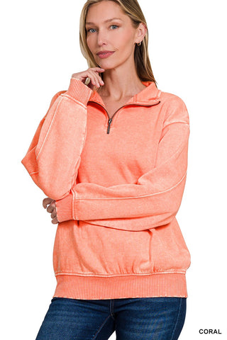 Zenana Acid Wash Fleece Half Zip Pullover Coral