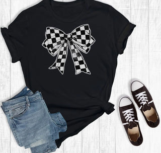 Rebel Rose Checkered Coquette Bow Graphic Tee Black