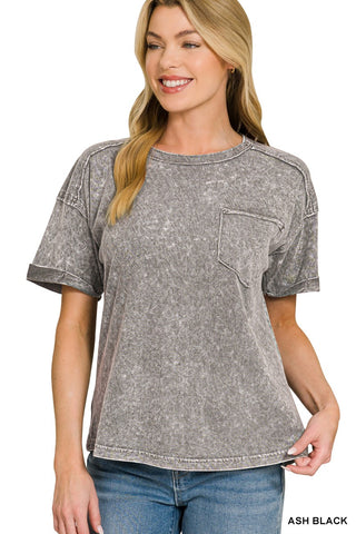 Zenana Halo Snow Washed Relaxed Fit Tee Ash Black
