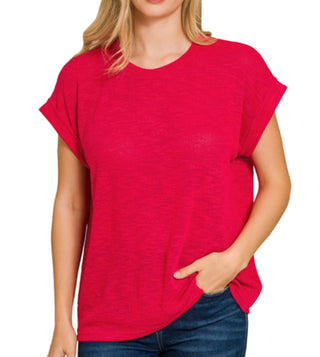 Zenana Hacci Rolled Up Sleeve Ruby
