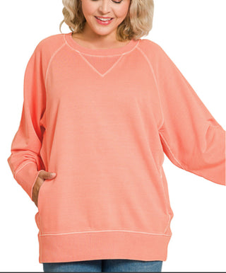 Zenana Pigment Dyed French Terry Pullover with Pockets Coral