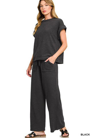 Zenana Cotton Slub Short Sleeve Tee & Long Pant Set Black