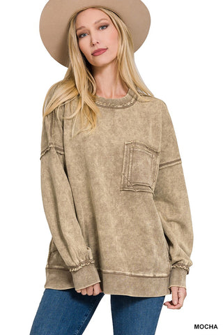 Zenana Acid Wash Raw Edge Front Pocket Pullover Mocha