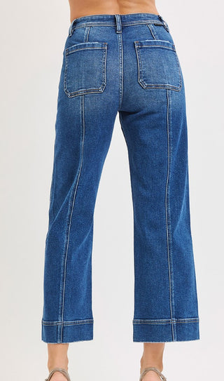 Risen HR Crop Straight Front Seam Detailed Jeans Dark Wash 21072