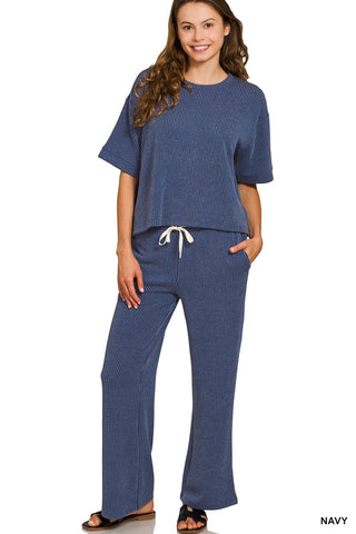 Zenana Ribbed Short Sleeve Tee & Pant Set Navy