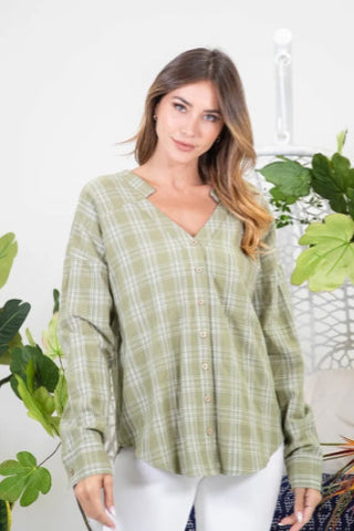 Sew In Love V-Neck Plaid Long Sleeve Top Olive