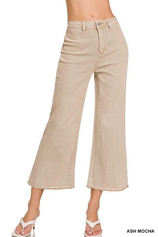 Zenana Acid Wash HW Fray Hem Straight Pants Ash Mocha 1854Y
