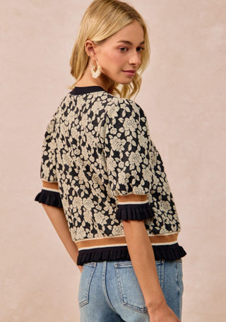 Bibi Textured Rose Knit Top Puff Sleeve Black