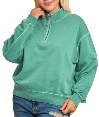 Zenana Pigment Dyed Enzyme Washed Half Zip Pullover DK Green