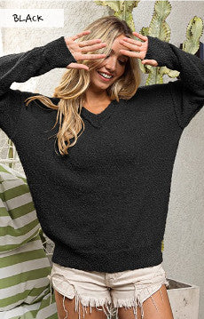Bibi Raw Edged Popcorn Texture V Neck Sweater Black