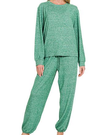 Zenana Hacci Long Sleeve Round Neck Tee & Jogger Set Dk Green