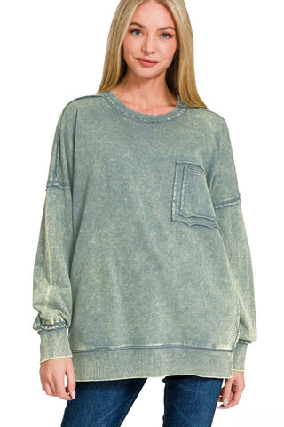 French Terry Acid Wash Raw Edge Front Pocket Pullover Ash Jade