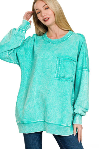 French Terry Acid Wash Raw Edge Front Pocket Pullover Turquoise