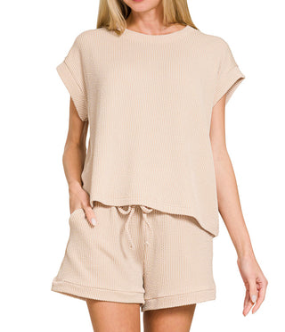 Zenana Raised Rib Cap Sleeve Top & Shorts Set Sand Beige 8623